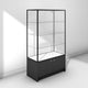 Large glass display cabinet on base with black frame and panels