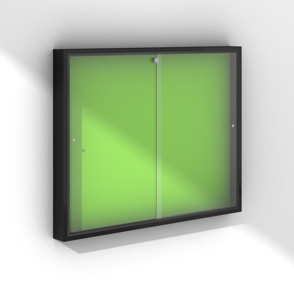 Small glass lockable noticeboard with black frame