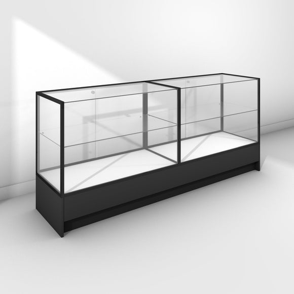 Double glass display cabinet with frameless front and small base cabinet - black frame and panels