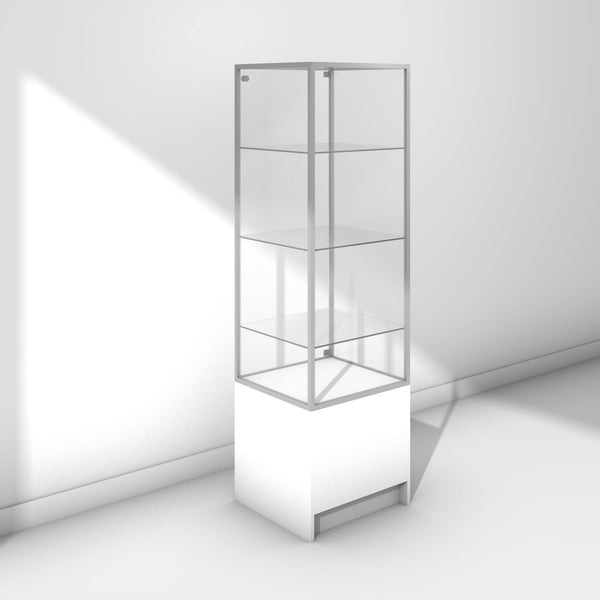 Glass display tower on base cabinet with silver frame and white panels - back view