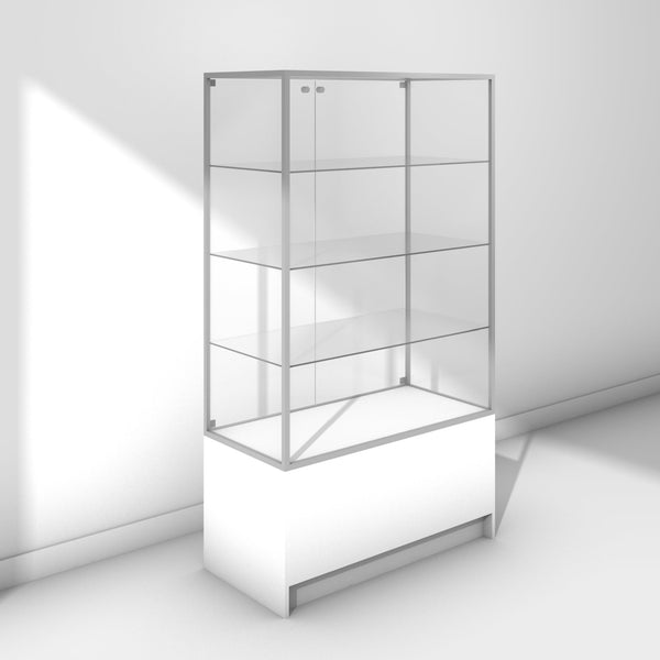 Large glass display cabinet on base with silver frame and white panels - back view