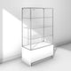 Large glass display cabinet on base with silver frame and white panels - back view