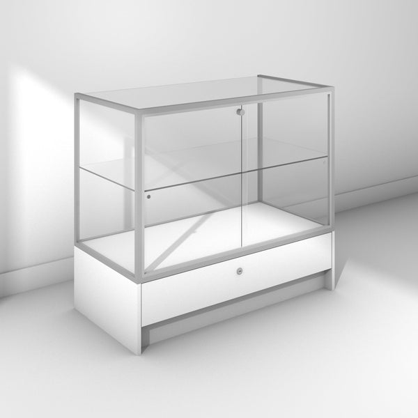 Glass display cabinet with frameless front and small base cabinet - silver frame and white panels - back view