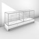 Double glass display cabinet with small cabinet base - silver frame and white panels - back view