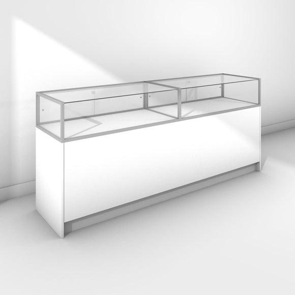 Double glass display counter with frameless front and large base cabinet - silver frame, white panels