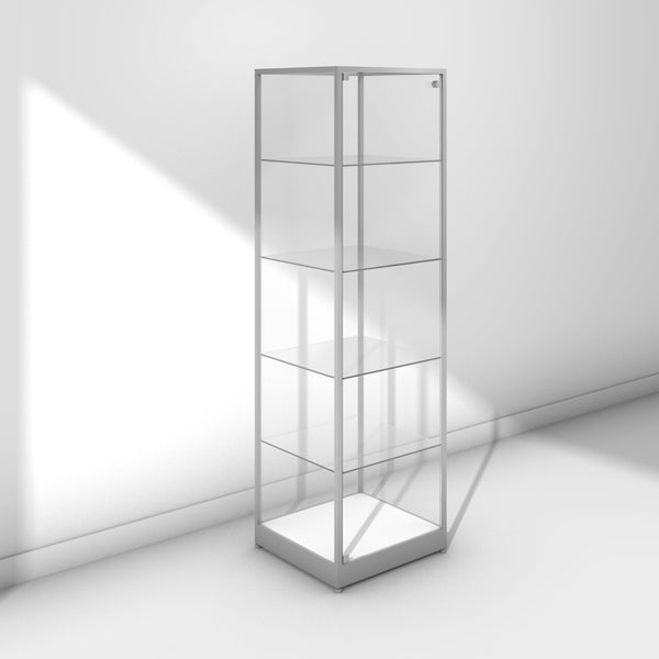 Glass display tower with silver frame