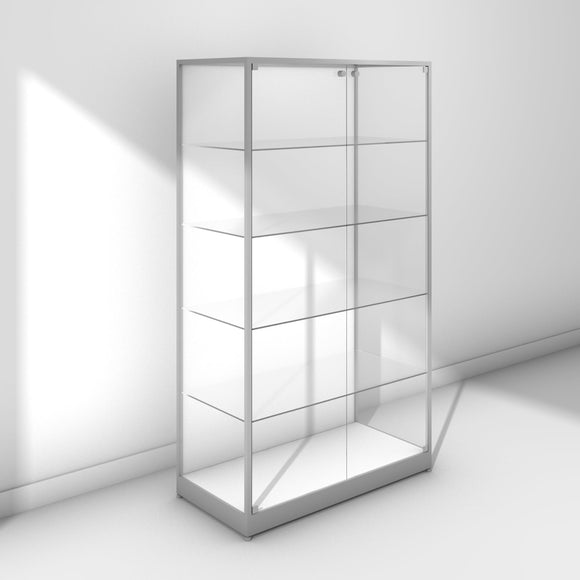 Large glass display cabinet with back panel - silver frame