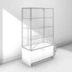 Large glass display cabinet on base with silver frame and white panels