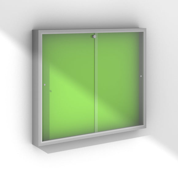 Small glass lockable noticeboard with silver frame