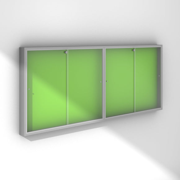 Large glass lockable noticeboard with silver frame